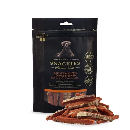 SNACKIES Premium Snacks für Hunde, ohne Zusatz von Getreide, Zucker, Farb-, Aroma- und Konservierungsstoffe, schonend luftgetrocknete Leckerli, Feine geräucherte Lachsstreifen 170g von NATURAL SNACKIES Premium Snacks