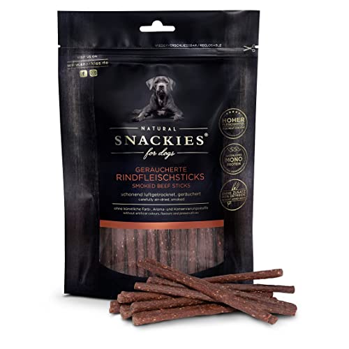 SNACKIES 16er-Pack (à 170g) Premium Snacks für Hunde, Geräucherte Rindfleischsticks ohne Zusatz von Getreide, Zucker, Farb-, Aroma- und Konservierungsstoffe, schonend luftgetrocknete Leckerli von NATURAL SNACKIES Premium Snacks