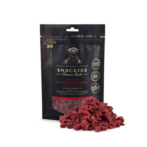 SNACKIES Premium Snacks für Hunde, ohne Zusatz von Getreide, Zucker, Farb-, Aroma- und Konservierungsstoffe, schonend luftgetrocknete Leckerli, Herzhafte Hirschfleischwürfel 170g von NATURAL SNACKIES Premium Snacks