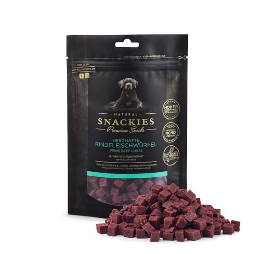 SNACKIES 16er-Pack (à 170g) Premium Snacks für Hunde, Herzhafte Rindfleischwürfel ohne Zusatz von Getreide, Zucker, Farb-, Aroma- und Konservierungsstoffe, schonend luftgetrocknete Leckerli von NATURAL SNACKIES Premium Snacks