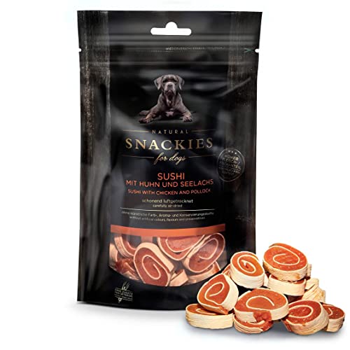 SNACKIES 16er-Pack (à 90g) Premium Snacks für Hunde, Sushi mit Huhn und Seelachs ohne Zusatz von Getreide, Zucker, Farb-, Aroma- und Konservierungsstoffe, schonend luftgetrocknete Leckerli von NATURAL SNACKIES Premium Snacks