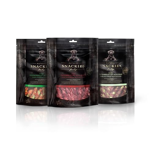 SNACKIES Schnupperset 3er Pack (à 170/180g) Ente/Rote Beete, Ente/Kohlrabi, Huhn/Spinat - Premium Snacks für Hunde ohne Zusatz von Getreide, Zucker, Farb-, Aroma- und Konservierungsstoffe von NATURAL SNACKIES Premium Snacks