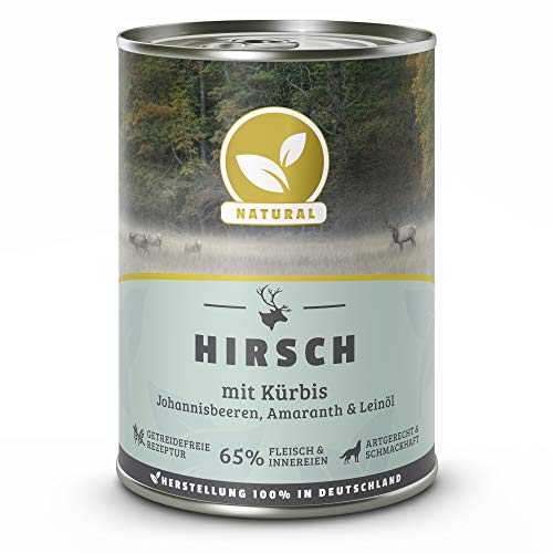 Hundeland Natural - Hirsch + Kürbis - 6 x 400 g - getreidefreies Hundefutter - Nassfutter für alle Hunderassen - viel frisches Fleisch - artgerecht & besonders gut verträglich von NATURAL