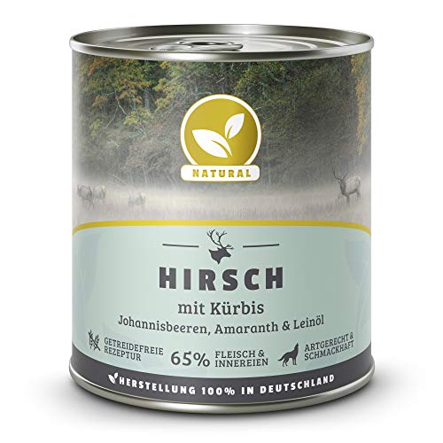 Hundeland Natural - Hirsch + Kürbis - 6 x 800 g - getreidefreies Hundefutter - Nassfutter für alle Hunderassen - viel frisches Fleisch - artgerecht & besonders gut verträglich von NATURAL