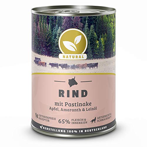 Hundeland Natural - Rind + Pastinake - 6 x 400 g - getreidefreies Hundefutter - Nassfutter für alle Hunderassen - viel frisches Fleisch - artgerecht & besonders gut verträglich von NATURAL