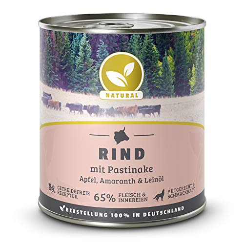 Hundeland Natural - Rind + Pastinake - 6 x 800 g - getreidefreies Hundefutter - Nassfutter für alle Hunderassen - viel frisches Fleisch - artgerecht & besonders gut verträglich von NATURAL