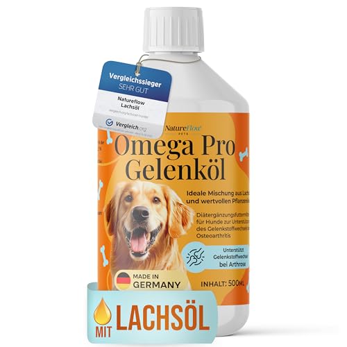 Omega Pro Gelenköl Mix TESTSIEGER - Besser als reines Lachsöl Hund für Gelenkstoffwechsel bei Arthrose - Ideales Omega 3/6 Profil aus Fischöl (Lachsöl für Hunde) mit Leinöl, Hanföl, Borretschöl von NATUREFLOW