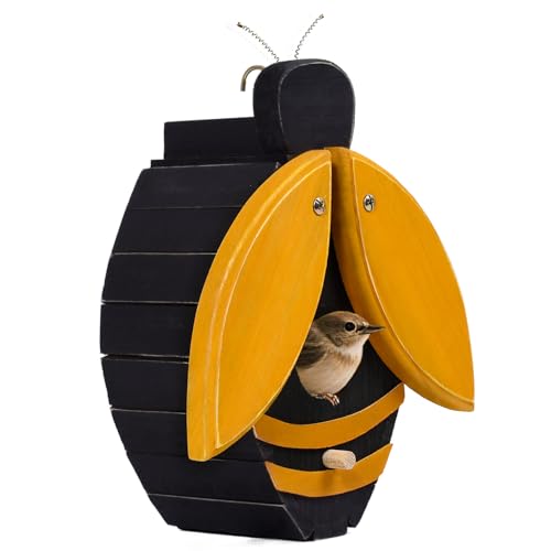 NATUREYLWL Vogelhäuser für draußen, natürliches Massivholz, Vogelhaus mit 4 cm Eingangsloch, Bienenförmiges Vogelhaus zieht Wildvögel an (Blauvögel, Finken, Spatzen), einzigartige Gartendekoration von NATUREYLWL