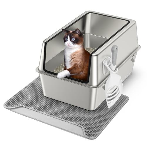 Edelstahl-Katzentoilette mit Deckel, extra großes Gehäuse, abnehmbares Metall-Katzentoilette, hohe Seiten für große Katzen, mit Streuschaufel, doppellagige Katzentoilette, auslaufsicher, von NArra