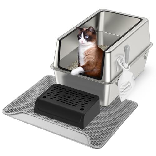 Katzentoilette aus Edelstahl mit Deckel, XXL, extragroßes Gehäuse, herausnehmbare Katzentoilette aus Metall mit hohen Seitenwänden für Katzen,mit Streuschaufel,doppellagiger Katzenstreumatte und Pedal von NArra