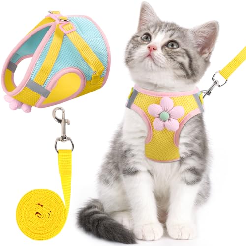 Katzengeschirr und Leine, Set zum Spazierengehen, ausbruchsicher, verstellbares Kätzchengeschirr, atmungsaktives Mesh mit reflektierenden Streifen, Geschirr mit Blume für Kätzchen, Welpen, Hase, Gelb von NCMAMA