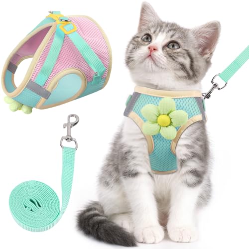 Katzengeschirr und Leine, Set zum Spazierengehen, ausbruchsicher, verstellbares Kätzchengeschirr, atmungsaktives Mesh mit reflektierenden Streifen, Geschirr mit Blume für Kätzchen, Welpen, Hase, Grün von NCMAMA