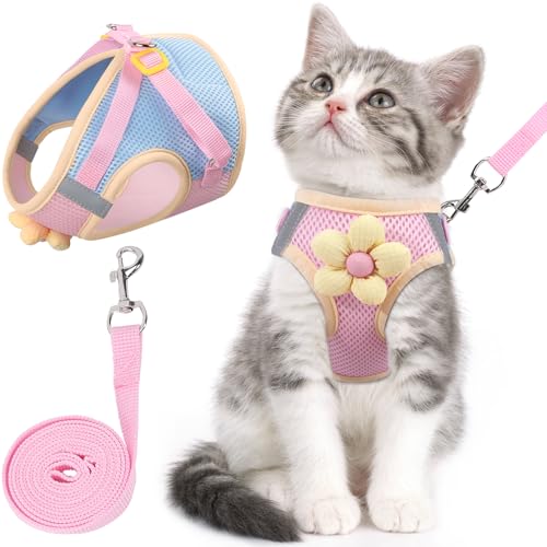 NCMAMA Katzengeschirr und Leine, Set zum Spazierengehen, ausbruchsicher, verstellbares Kätzchengeschirr, atmungsaktives Mesh mit reflektierenden Streifen, Geschirr mit Blume für Kätzchen, Welpen von NCMAMA