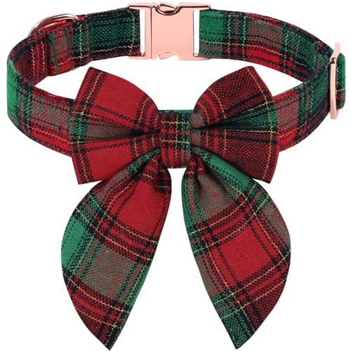 NCMAMA Weihnachts-Hundehalsband mit Schleife, verstellbares kariertes Hundehalsband mit Fliege, Hundehalsband mit Metallschnalle für kleine Hunde und Katzen (Weihnachten, klein) von NCMAMA