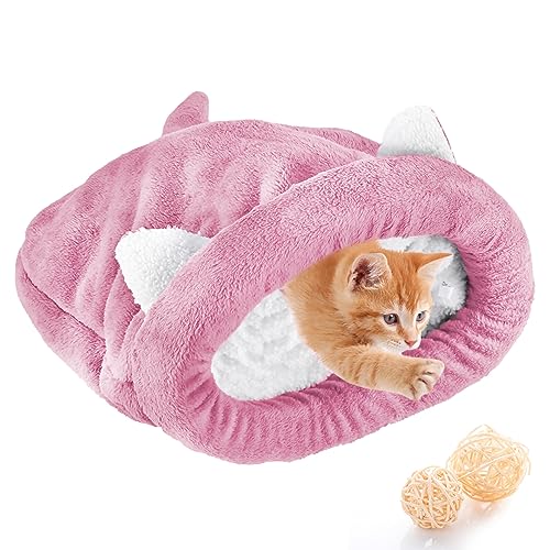 NCONCO Katzenschlafsack, Haustierbett, Katzenschlafsack, warm, gemütlich, überzogen, selbstheizend, Kuscheltasche, halb bedeckte Höhle für Katzen, Welpen (Rosa, L) von NCONCO