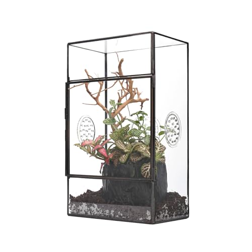 NCYP Rechteckiges Glas Terrarium mit Seitentür und DREI Belüftungslöchern handgefertigt, 13x10x23cm Schwarzes geometrisches Terraium für kleine Insekten Haus Garten Dekoration (nur Terrarium) von NCYP