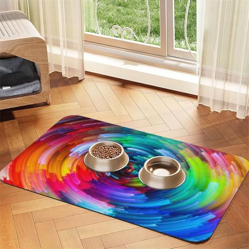 Bunte Regenbogen-Spiraldruck-Haustier-Füttermatte für Hunde und Katzen, saugfähig, wasserdicht, rutschfest, schnell trocknend, Bodenschutz, Ledertischdecke Bunte Regenbogen-Spiraldruck-Haustier-Füttermatte für Hunde und Katzen, saugfähig, wasserdicht, rutschfest, schnell trocknend, Bodenschutz, Ledertischdecke von NDDCEDEW