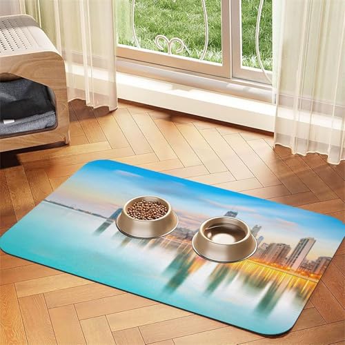 Chicago Downtown Sunset Print Pet Feeding Mat for Dogs & Cats Absorbent Waterproof Dog Food Mat Non-Slip Pet Bowl Placemat Quick Dry Floor Protector Leather Tablecloth von NDDCEDEW