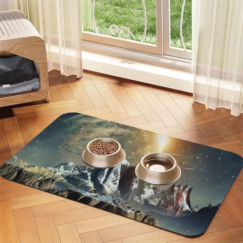 Earth Mountain Print Haustier-Futtermatte für Hunde und Katzen, saugfähig, wasserdicht, rutschfest, schnell trocknend, Bodenschutz, Ledertischdecke von NDDCEDEW