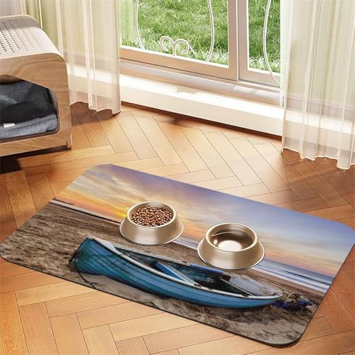 Futtermatte für Hunde und Katzen, Motiv: Fischerboot, saugfähig, wasserdicht, rutschfest, schnell trocknend, Bodenschutz, Ledertischdecke, Blau von NDDCEDEW