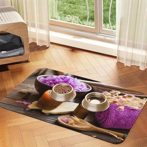 Futtermatte für Hunde und Katzen, Motiv: Lavendelblüte und Spa, Salzdruck, saugfähig, wasserdicht, rutschfest, schnell trocknend, Bodenschutz, Ledertischdecke von NDDCEDEW