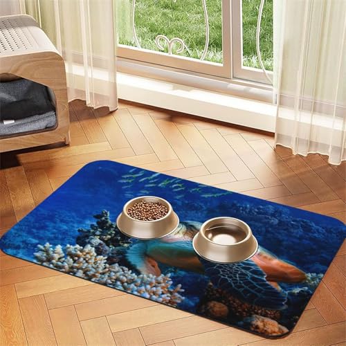 Futtermatte für Hunde und Katzen, Motiv: Meeresschildkröte mit Fischen, saugfähig, wasserdicht, rutschfest, schnell trocknend, Bodenschutz, Ledertischdecke von NDDCEDEW