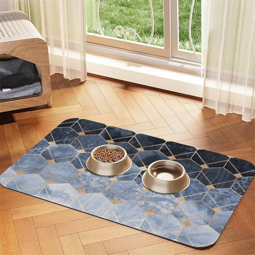 Futtermatte für Hunde und Katzen, Motiv: blaue Sechsecke und Diamanten, saugfähig, wasserdicht, rutschfest, schnell trocknend, Bodenschutz, Ledertischdecke von NDDCEDEW