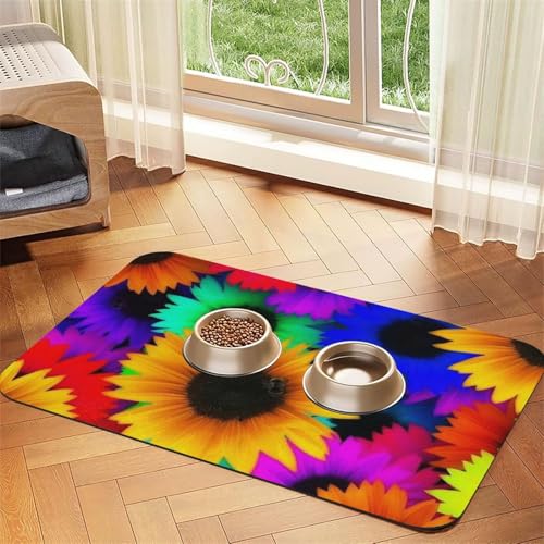 Futtermatte für Hunde und Katzen, Regenbogen-Sonnenblumen-Druck, saugfähig, wasserdicht, rutschfest, schnell trocknend, Bodenschutz, Ledertischdecke von NDDCEDEW