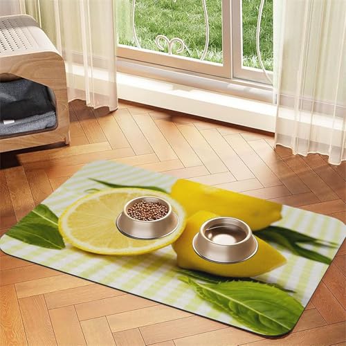 Futtermatte für Hunde und Katzen, saugfähig, wasserdicht, rutschfest, schnell trocknend, Bodenschutz, Ledertischdecke, Gelb mit Zitronenmuster von NDDCEDEW