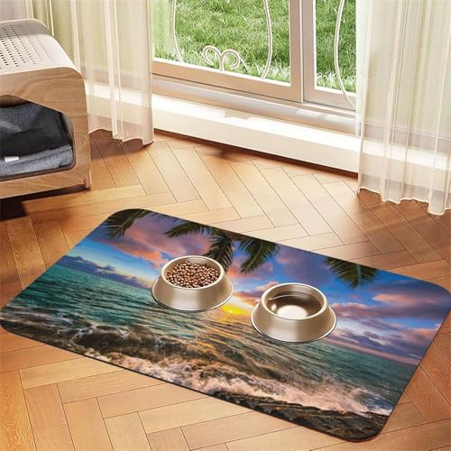 Haustier-Futtermatte für Hunde und Katzen, Motiv: Palme, Sonnenuntergang, Strand, saugfähig, wasserdicht, rutschfest, schnell trocknend, Bodenschutz, Ledertischdecke von NDDCEDEW
