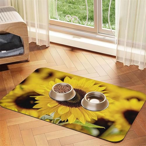 Haustier-Futtermatte für Hunde und Katzen, saugfähig, wasserdicht, rutschfest, schnell trocknend, Bodenschutz, Leder-Tischdecke, Gelb mit Sonnenblumen-Motiv von NDDCEDEW