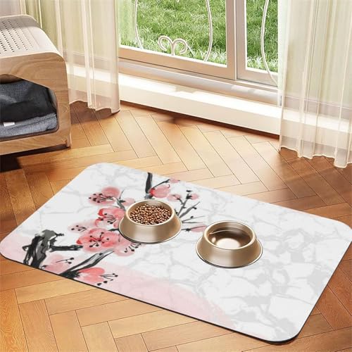 Haustier-Futtermatte für Hunde und Katzen, saugfähig, wasserdicht, rutschfest, schnell trocknend, Bodenschutz, Leder-Tischdecke, rosa Kirsch-Blumendruck von NDDCEDEW