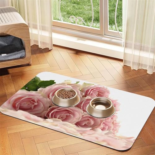 Haustier-Futtermatte für Hunde und Katzen, saugfähig, wasserdicht, rutschfest, schnell trocknend, Bodenschutz, Leder-Tischdecke, rosa Rosen von NDDCEDEW