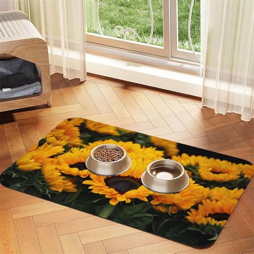 Haustier-Futtermatte für Hunde und Katzen, saugfähig, wasserdicht, rutschfest, schnell trocknend, Bodenschutz, Ledertischdecke, Gelb mit Sonnenblumenmotiv von NDDCEDEW