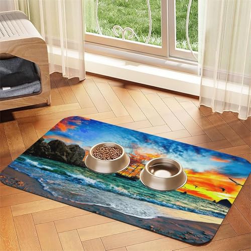Haustier-Futtermatte mit Piratenschiff im Sonnenuntergang für Hunde und Katzen, saugfähig, wasserdicht, rutschfest, schnell trocknend, Bodenschutz, Ledertischdecke von NDDCEDEW