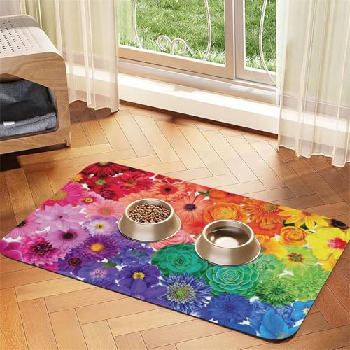 Haustier-Futtermatte mit Regenbogen-Blumendruck, für Hunde und Katzen, saugfähig, wasserdicht, rutschfest, schnell trocknend, Bodenschutz, Ledertischdecke von NDDCEDEW