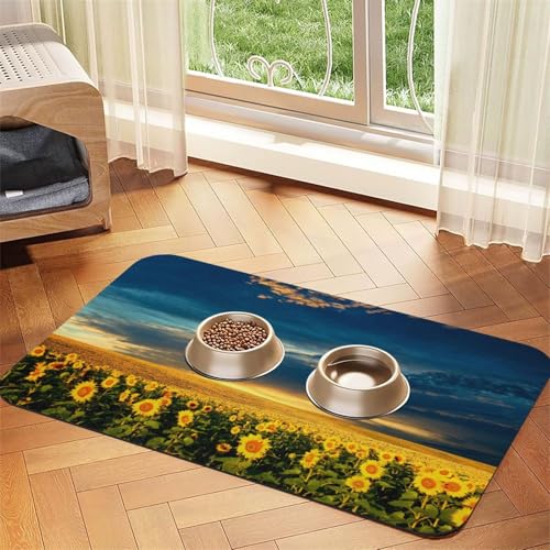Haustier-Futtermatte mit Sonnenblumenfelddruck, für Hunde und Katzen, saugfähig, wasserdicht, rutschfest, schnell trocknend, Bodenschutz, Ledertischdecke von NDDCEDEW