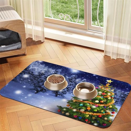 Haustier-Futtermatte mit Weihnachtsbaum-Aufdruck, für Hunde und Katzen, saugfähig, wasserdicht, rutschfest, schnell trocknend, Bodenschutz, Ledertischdecke von NDDCEDEW