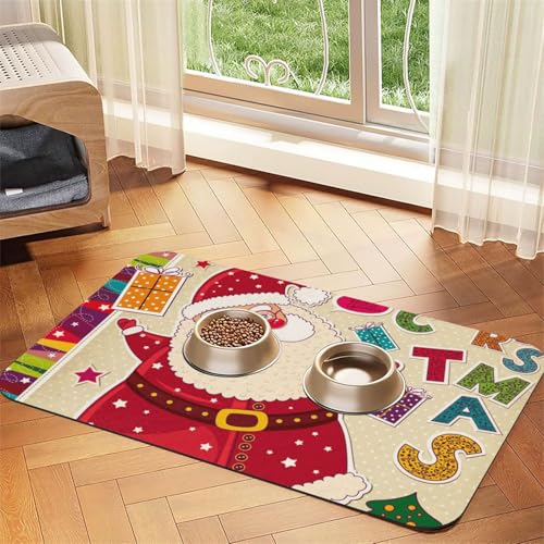 Haustier-Futtermatte mit Weihnachtsmann-Aufdruck, für Hunde und Katzen, saugfähig, wasserdicht, rutschfest, schnell trocknend, Bodenschutz, Ledertischdecke von NDDCEDEW
