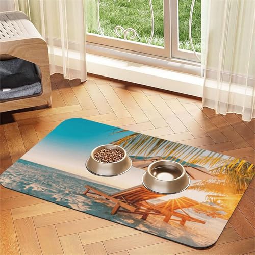 Liegestühle am Strand im Sommer, bedruckt, Haustier-Futtermatte für Hunde und Katzen, saugfähig, wasserdicht, rutschfest, schnell trocknend, Bodenschutz, Ledertischdecke von NDDCEDEW