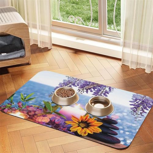 Massagesteine mit Gänseblümchen-Aufdruck, Haustier-Futtermatte für Hunde und Katzen, saugfähig, wasserdicht, rutschfest, schnell trocknend, Bodenschutz, Ledertischdecke von NDDCEDEW