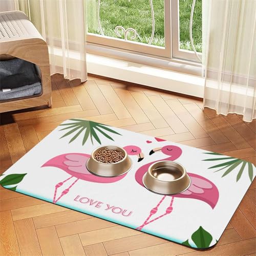 Palmblatt- und Flamingo-Paar-Aufdruck, Haustier-Futtermatte für Hunde und Katzen, saugfähig, wasserdicht, rutschfest, schnell trocknend, Bodenschutz, Ledertischdecke von NDDCEDEW