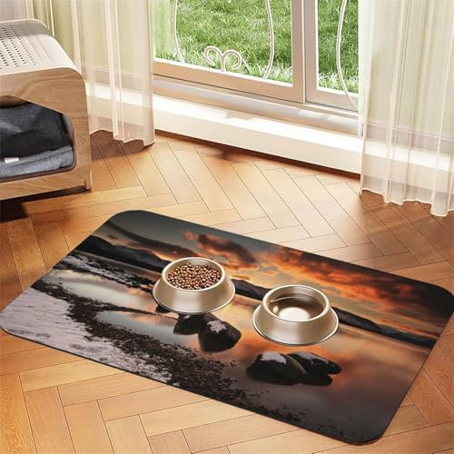 Rock and Lake Under Sunset Print Pet Feeding Mat for Dogs & Cats Absorbent Waterproof Dog Food Mat Non-Slip Pet Bowl Placemat Quick Dry Floor Protector Leather Tablecloth von NDDCEDEW