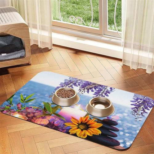 Steine mit Kerzen Gänseblümchen-Druck, Haustier-Futtermatte für Hunde und Katzen, saugfähig, wasserdicht, rutschfest, schnell trocknend, Bodenschutz, Ledertischdecke von NDDCEDEW