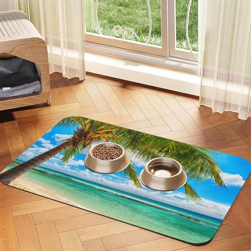 Strand-Palmen-Druck, Haustier-Futtermatte für Hunde und Katzen, saugfähig, wasserdicht, rutschfest, schnell trocknend, Bodenschutz, Ledertischdecke von NDDCEDEW