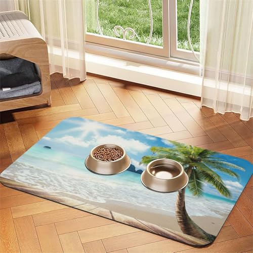 Strand-Palmen-Druck, Haustier-Futtermatte für Hunde und Katzen, saugfähig, wasserdicht, rutschfest, schnell trocknend, Bodenschutz, Ledertischdecke von NDDCEDEW