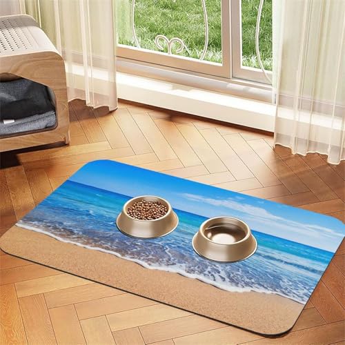 Strand- und Meeresaufdruck, Haustier-Futtermatte für Hunde und Katzen, saugfähig, wasserdicht, rutschfest, schnell trocknend, Bodenschutz, Ledertischdecke von NDDCEDEW