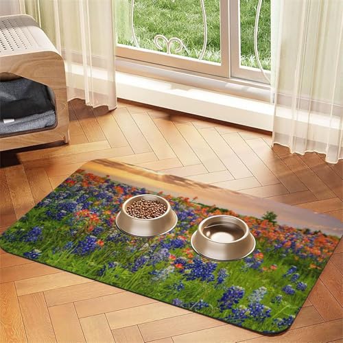 Texas Bluebonnets Futtermatte für Hunde und Katzen, saugfähig, wasserdicht, rutschfest, schnell trocknend, Bodenschutz, Ledertischdecke von NDDCEDEW