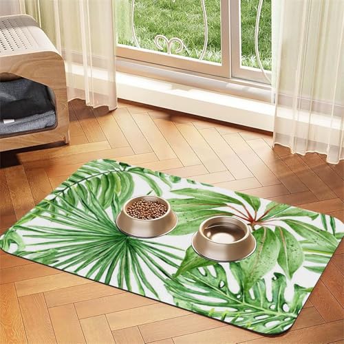 Tropische Palme Bananenblätter Druck Haustier Fütterungsmatte für Hunde & Katzen Saugfähige wasserdichte Hundefuttermatte Rutschfest Haustier Schüssel Platzset Schnell Trocknend Bodenschutz Leder von NDDCEDEW