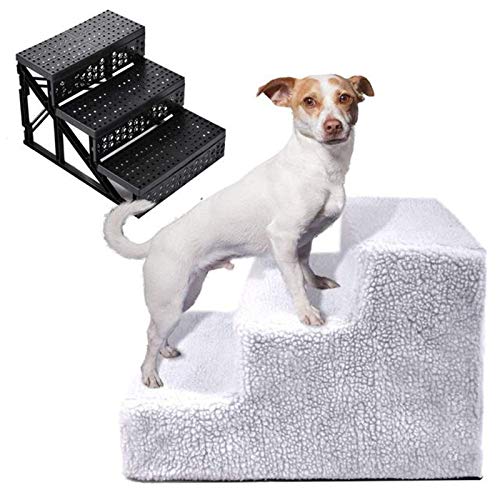 Kleines Haustier Leichte 3 Stufen Doggy Steps, Abnehmbarer Reißverschluss Hundeleiter Tragbare leichte Rampe für Katze Welpen Kätzchen Kleines älteres Tier Bis zu 40 kg (White) von NEDOES